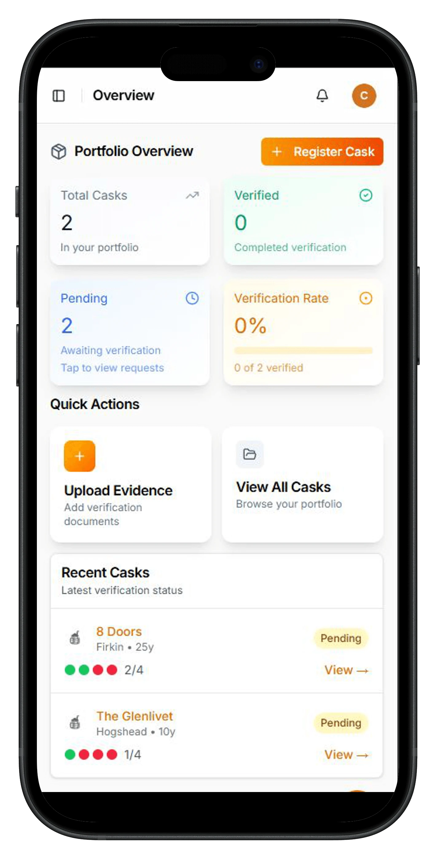 CaskID dashboard showing cask portfolio with verification status